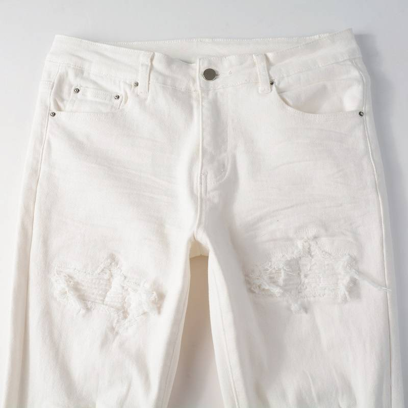 Männlichen jogger workout mode patchwork zerrissene schlanke hosen denim knie loch zerrissene männer weiße jeans für männer_voghion.com