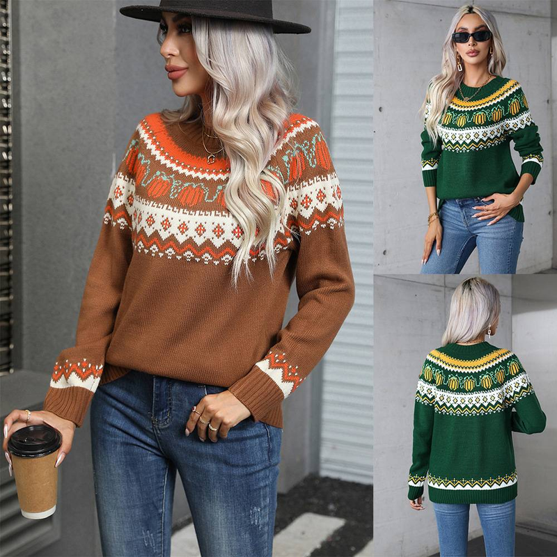 Women's Oversized Round Neck Halloween Sweater - Color Block Casual Pullover, Acrylic Knit, Loose Fit, Streetwear Chic_voghion.com