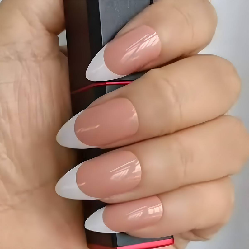 Elegant French Tip Press-On Nails - Reusable Fake Nails With White Edge & Waterdrop Design, Glue & Gel Adhesive Compatible_voghion.com
