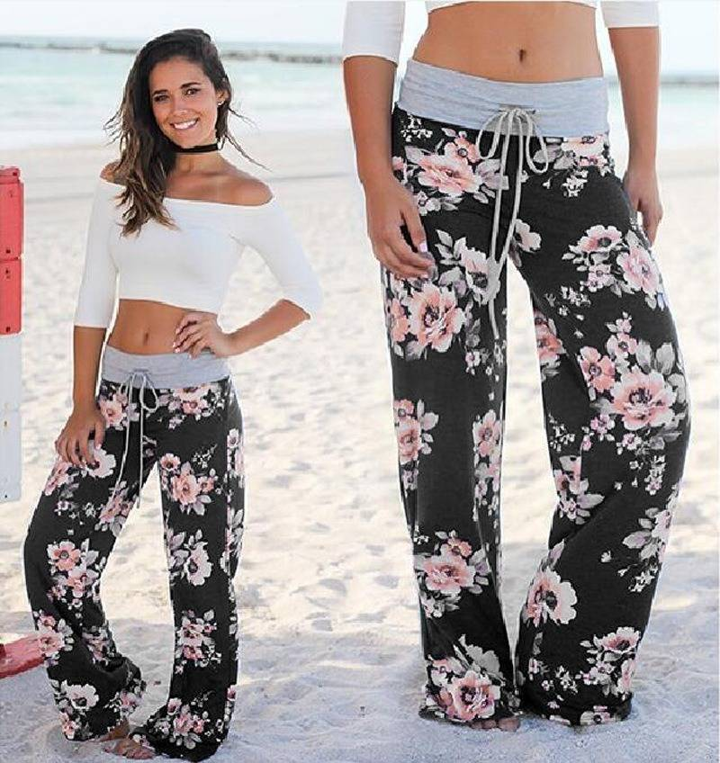 Calça comprida plus size com estampa floral e cintura alta, cordão, calça casual feminina plus size, leve elástica e solta_voghion.com