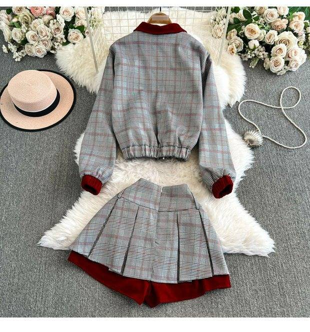Kadınlar İçin Vintage Ekose Blazer ve Pileli Etek Takımı - Kırmızı ve Siyah Kışlık Rahat İki Parçalı Kıyafet_voghion.com