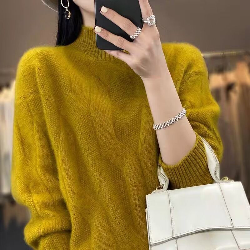 Grobstrickpullover mit hohem Kragen – Oversize-Strickoberteil für Damen mit Zopfmuster (6 neutrale Töne)_voghion.com