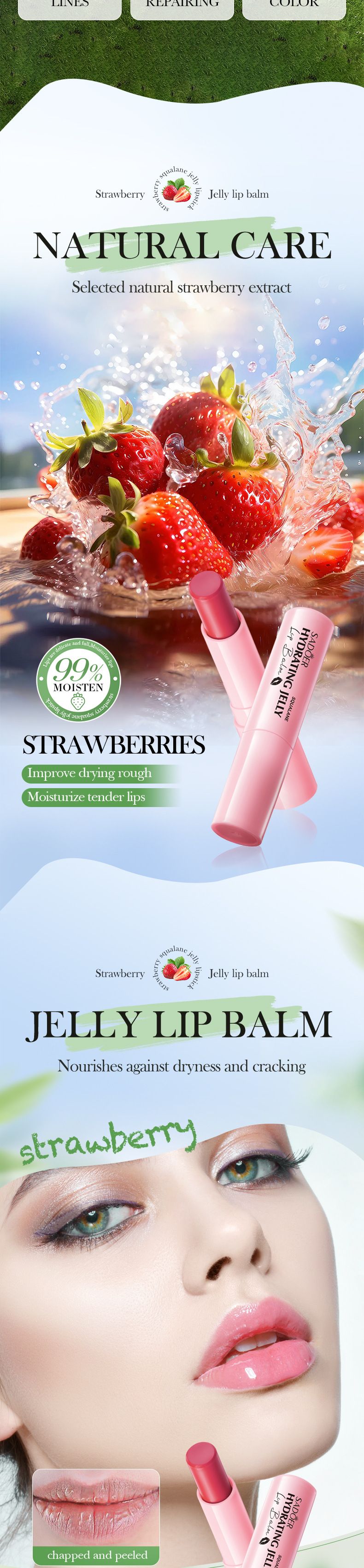 Balsamo labbra idratante anti-screpolature alla fragola, 3 g_voghion.com