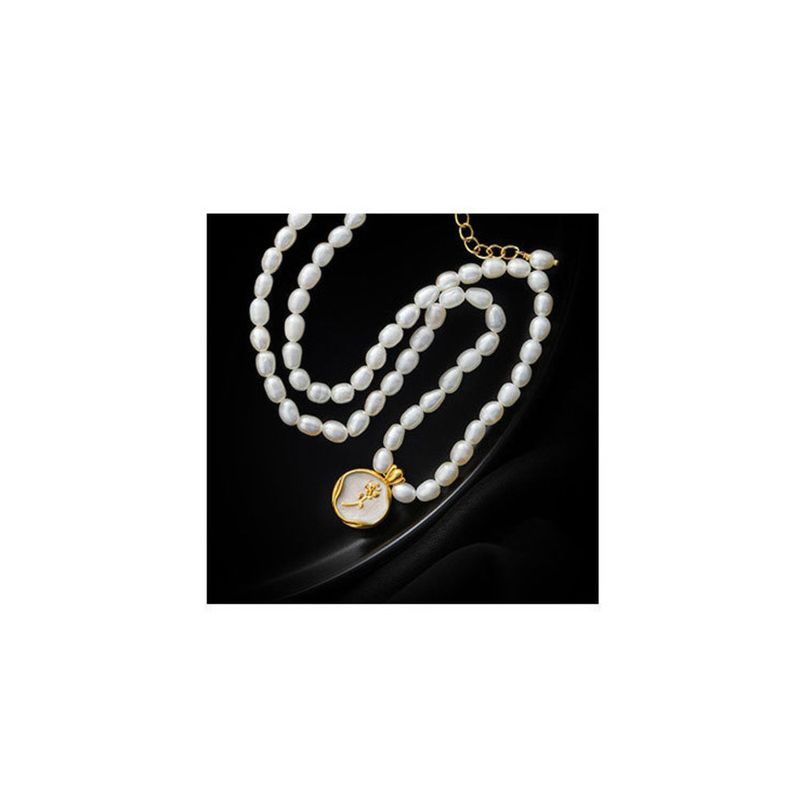 Collana da donna con perle d'acqua dolce e fiore di rosa - Ciondolo in smalto francese di alta qualità ed elegante catena per clavicola_voghion.com