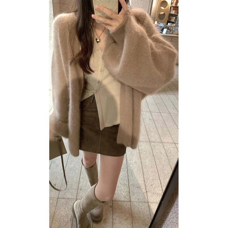 Pull en velours de vison doux et moelleux pour femme, style décontracté et décontracté, sensation haut de gamme, cardigan tricoté pour le printemps, l'automne et_voghion.com