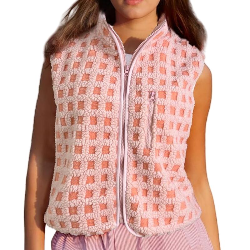 Gilet zippé en polaire gaufrée pour femme, col montant, sans manches, superposition légère et chaude pour l'automne et l'hiver_voghion.com