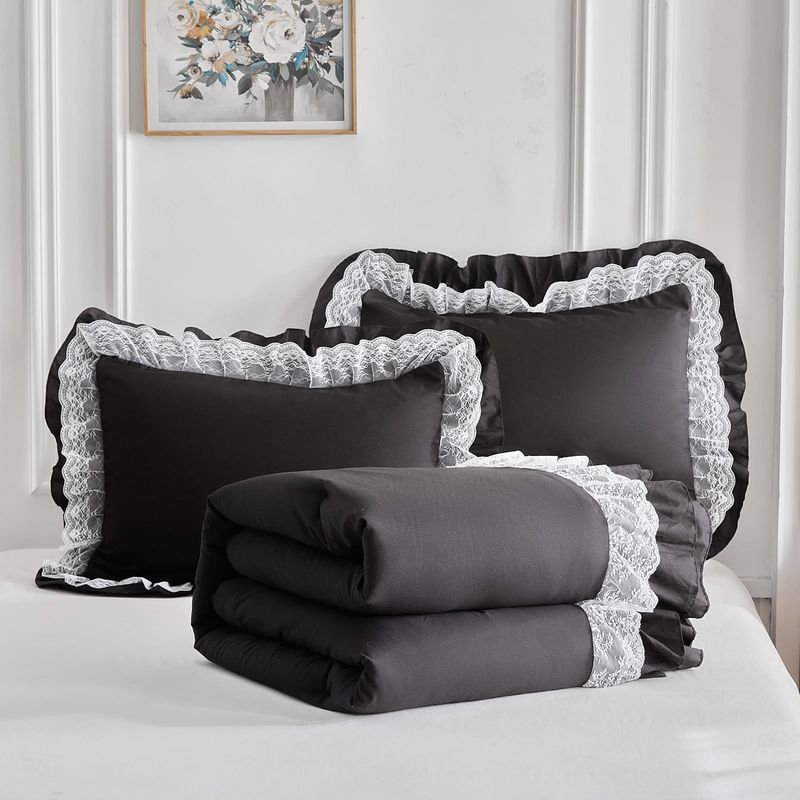 Black Lace Trim Bedding Set - Fluffy Polyester Quilted Comforter With Duvet Cover & Pillowcases - Elegant & Romantic Home Decor_voghion.com