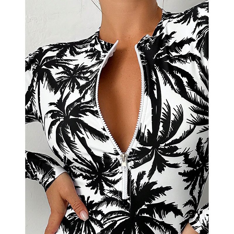Maillot de bain une pièce imprimé à manches longues pour femme, avec fermeture éclair, couvrant le ventre, modèle conservateur, modèle 2025_voghion.com