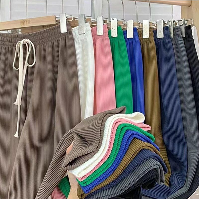 Sıcak satış Kadın Yüksek Esnek Bel Geniş Paça Pantolon Yaz Bağcıklı Gevşek Uzun Kaburga Örme Pantolon_voghion.com