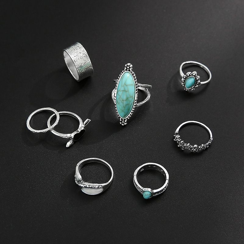 Yeni totem siyah kalp şeklinde uzun turkuaz 8 parçalı birleşik kombinasyon yüzük seti_voghion.com
