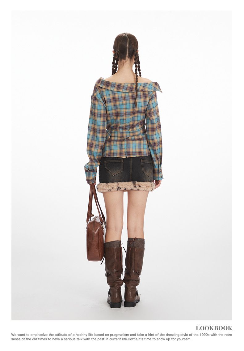 Women's Clothing Women's Asymmetric Collar Shirt - Slim Fit Checkered Top With Waist Tie_voghion.com