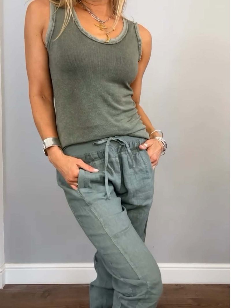 Women's Clothing Summer And Autumn Cotton And Linen Vest Drawstring Casual Pants Set_voghion.com