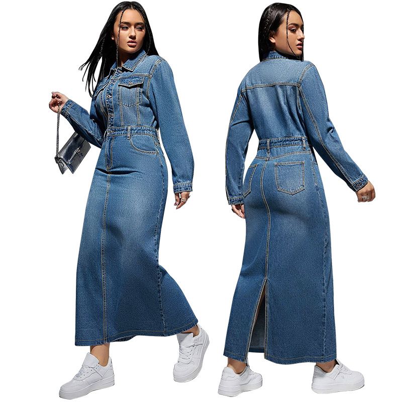 Abito lungo casual da donna in denim rilassato con bottoni sul davanti e spacchi laterali (S-2XL)_voghion.com