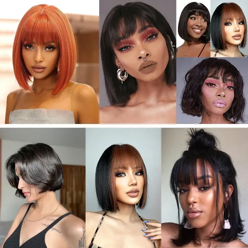 Korte Bobpruik Met Pony Recht Haar Bobpruiken Braziliaanse Menselijk Haar Pruik Remy Volledig Machinaal Gemaakte Pruik voor Vrouwen Lijmloze Bobpruik_voghion.com