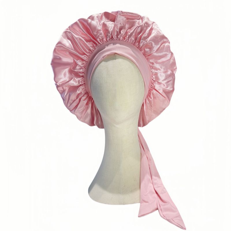 Cross-Border European And American Trend Solid Color Tie Sleep Elastic Wide-Brim Satin Bow Round Hat Hair Protection_voghion.com