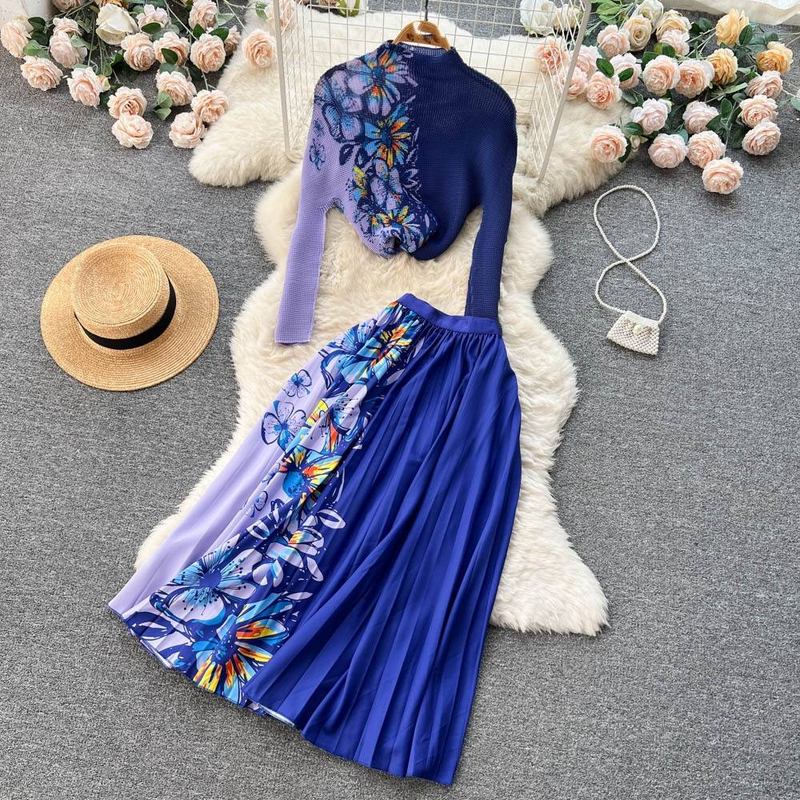 Dameskleding nieuwe bedrukte trui + geplooide rok tweedelige trendy set_voghion.com