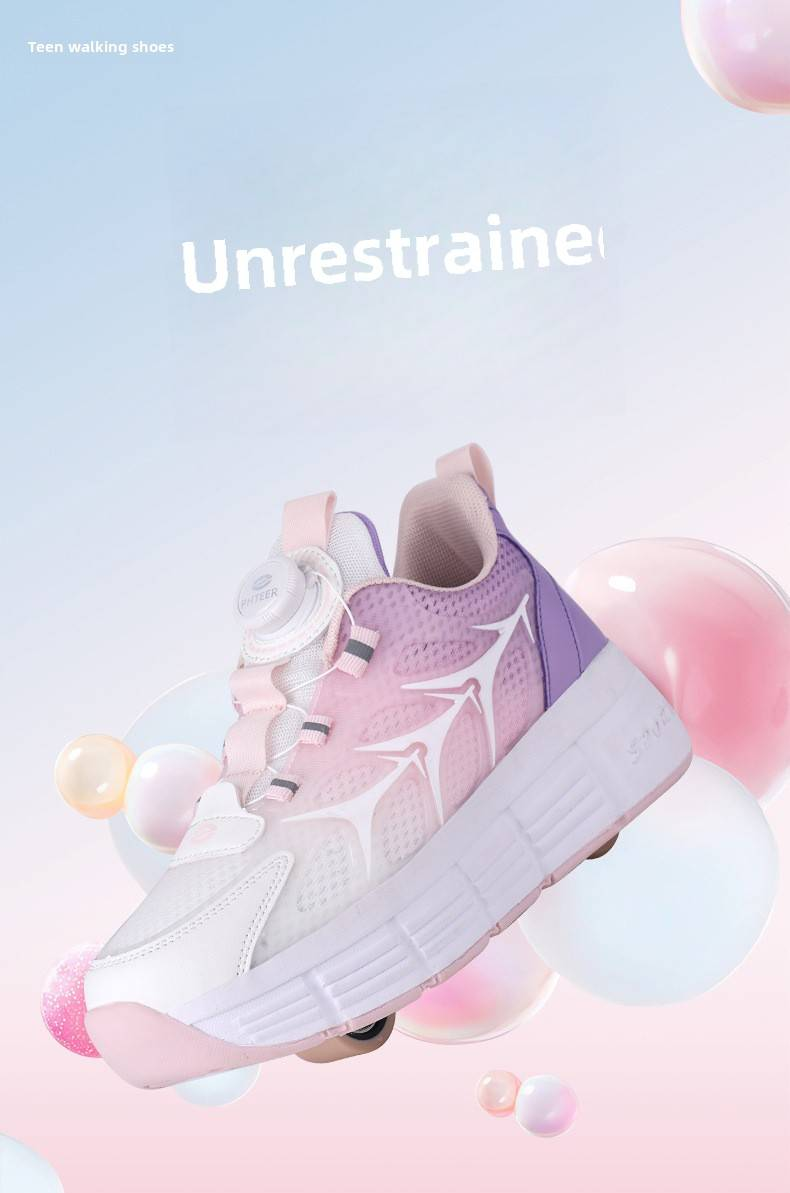 Children's runaway shoes Girls' automatic pulley sneakers Boys' children's mother and child with wheels sneakers Adult double-wheel deformation skates_voghion.com