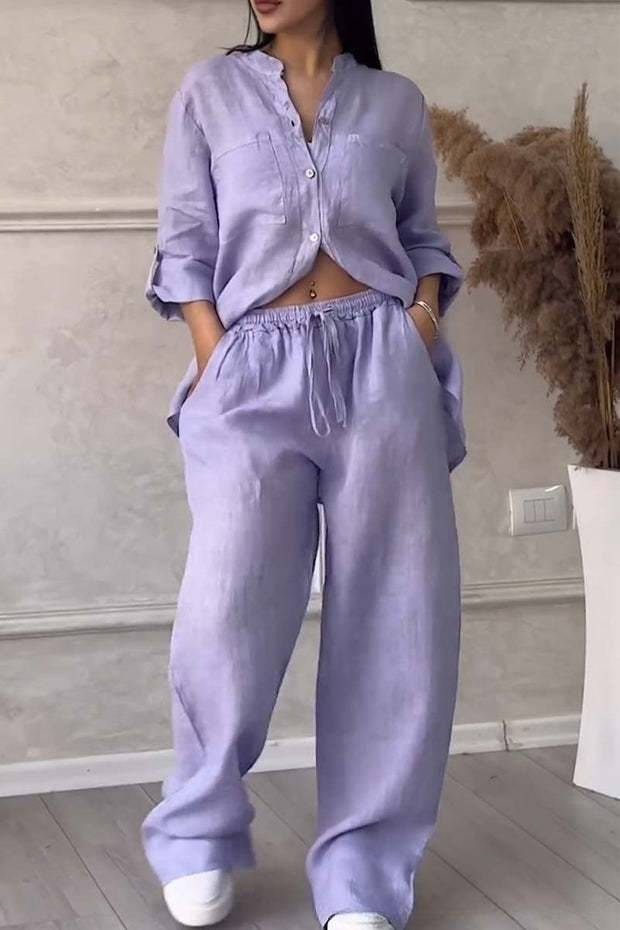 Elegant dame linned 2-delt sæt langærmet skjorte med brede ben Bukser ensfarvet Loungewear Efterår Vinter Todelt matchende outfits_voghion.com