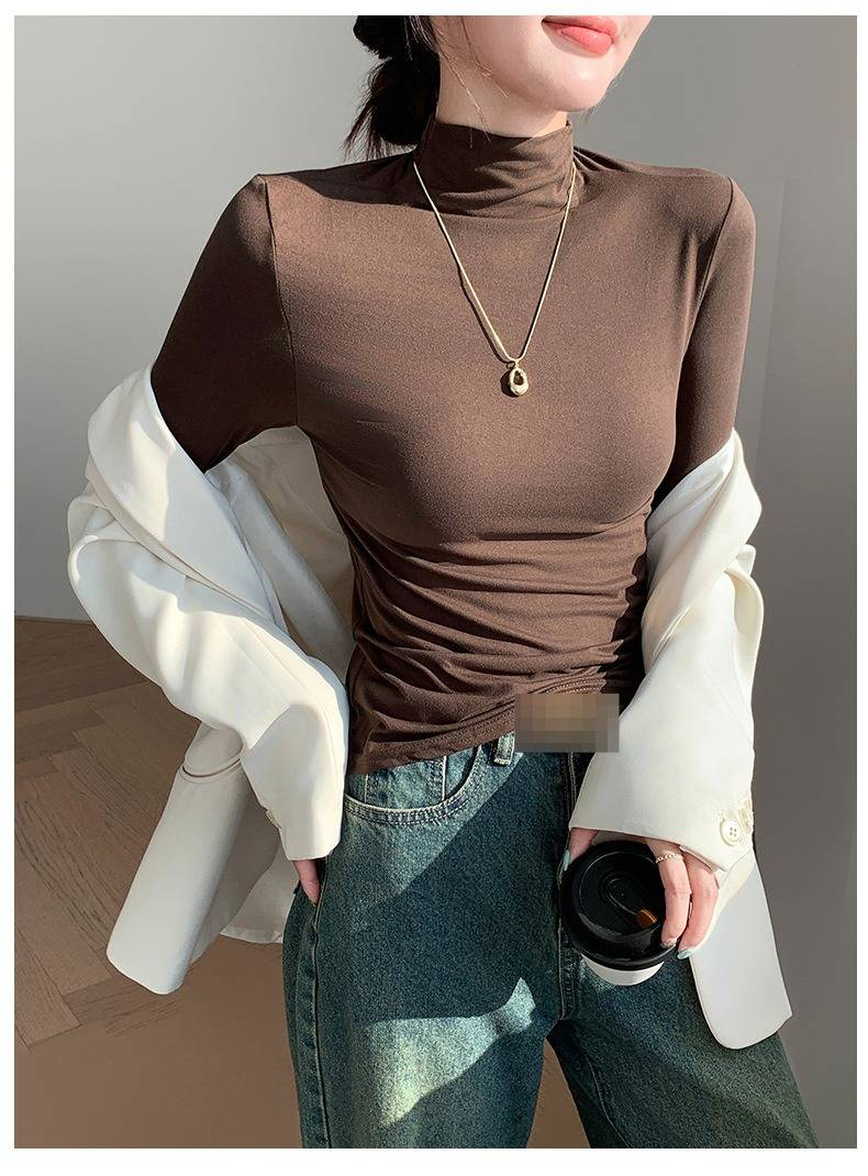 Dameskleding Fleecegevoerd T-shirt met hoge hals - Slim Fit Thermische Basislaag voor Winter & Lente (6 Trendy Kleuren)_voghion.com