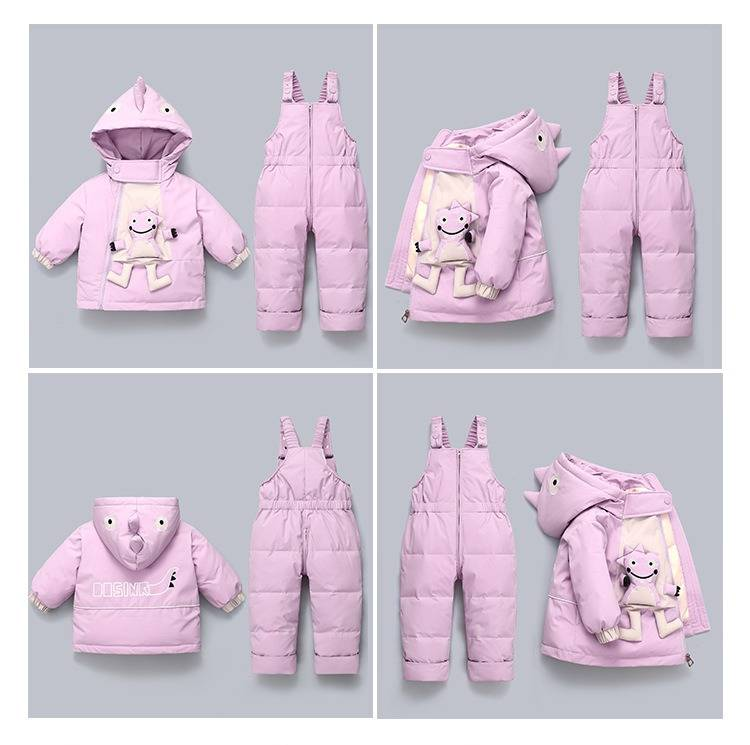 Set di piumini invernali premium per bambini - Tuta da neve calda in 2 pezzi per ragazzi e ragazze, morbido cappotto con cappuccio e bavaglino staccabile, imbottitura in piumino d'anatra bianca al 50%_voghion.com