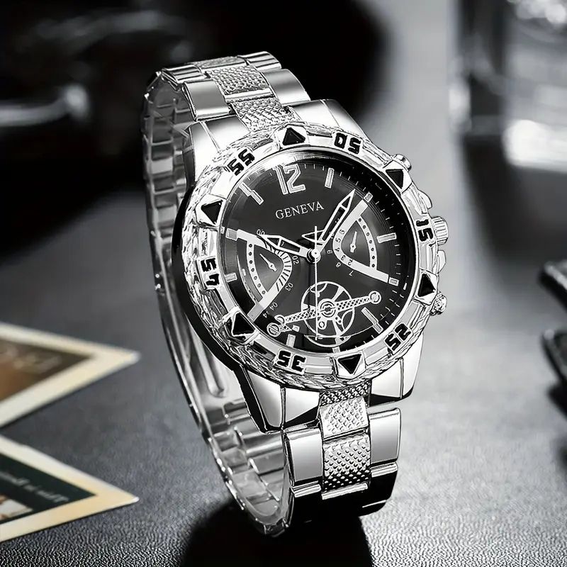 6pcs - Luxury Elite Men's Fashion Hip Hop Navigation Large Dial Alloy Case Quartz Watch Set, Suitable For Daily Wear_voghion.com