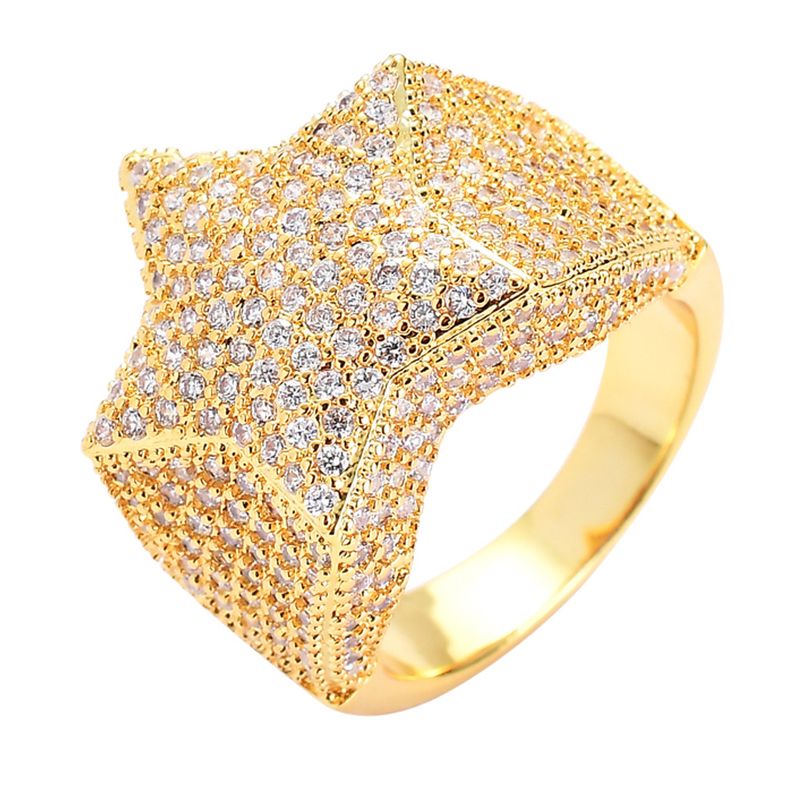 Five Pointed Star Ring With True Gold Electroplated Micro Set Zircon Hip Hop Men's StarRing_voghion.com