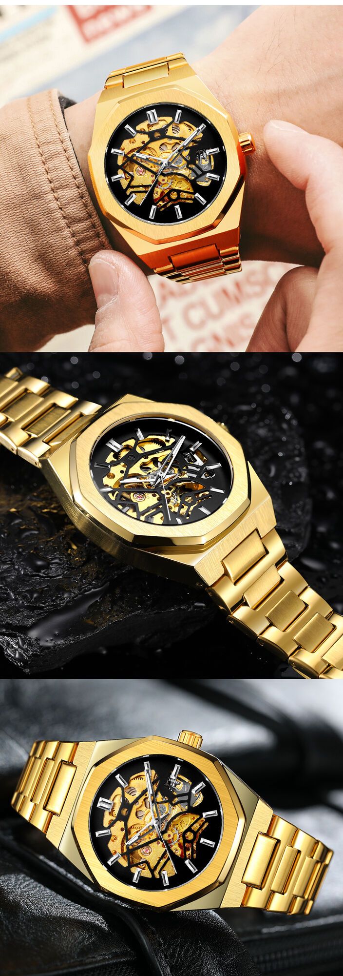 Forsining 344D Orologi meccanici automatici alla moda per uomo con cinturino in acciaio trasparente e scheletro, orologio da polso da uomo luminoso e impermeabile_voghion.com