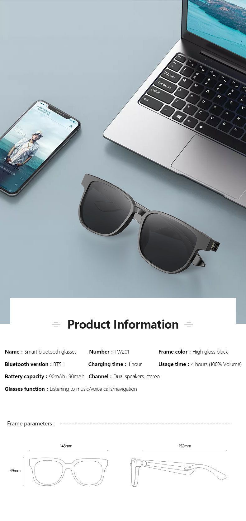 Chytré brýle Chytré brýle Bluetooth Sluneční brýle pro hovory Hudba Cyklistika Venkovní čočky Anti Blue Light_voghion.com