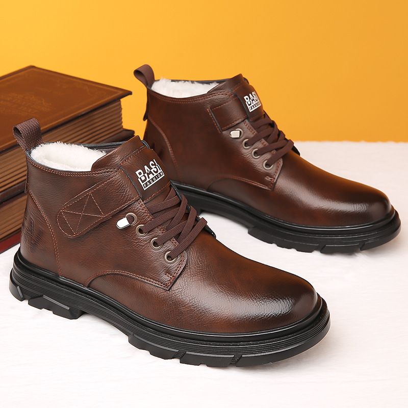 Herren Winter Mit Fleece, Warm, Rutschfest, Lässige High-Top-Schuhe, Business-Stiefel, Verdickte Baumwolllederschuhe_voghion.com