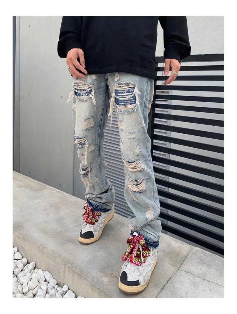 Men's 2022 High Street Hole Ripped Vintage Men Hip Hop Baggy Jeans Trousers Punk Distressed Retro Washed Straight Denim_voghion.com