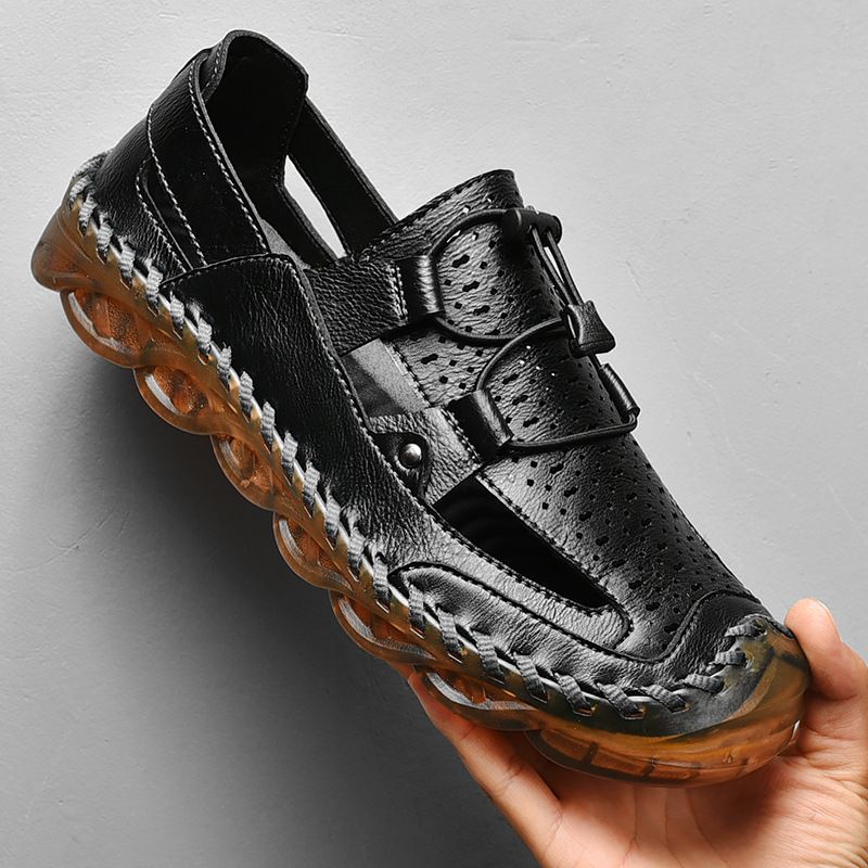 Unschlagbare Qualität Italienische Sommersandalen Herren Leder Atmungsaktiv Perforiert Mit Weichen Sohlen Und Anti-Rutsch Outdoor Strandschuhe_voghion.com