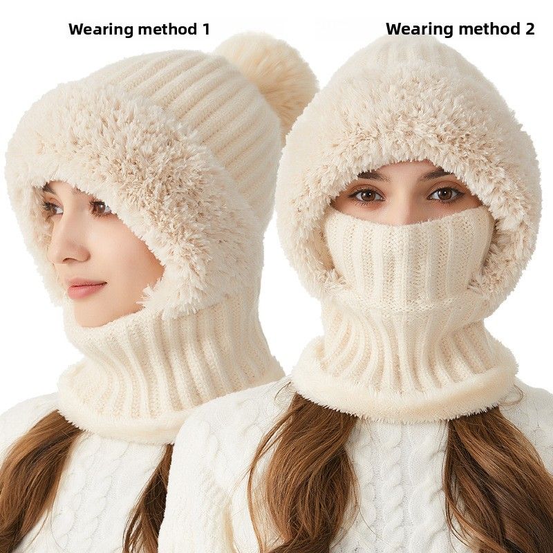 New High Elasticity Solid Color Knitted Scarf Mask One-piece Women Winter Riding Windproof Warm Hat_voghion.com