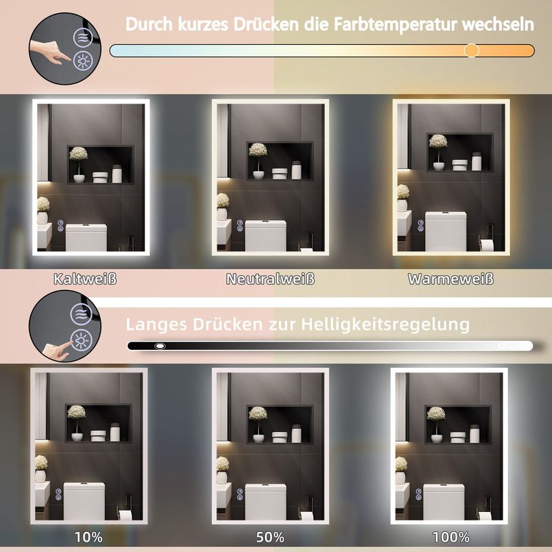 Glitzerlife Badspiegel Mit Beleuchtung -LED Wandspiegel Rund 100X60cm Badezimmerspiegel Mit Touch-Schalter Und Entfogger-Funktion Lichtspiegel Dimmbar 3000K-6500K_voghion.com