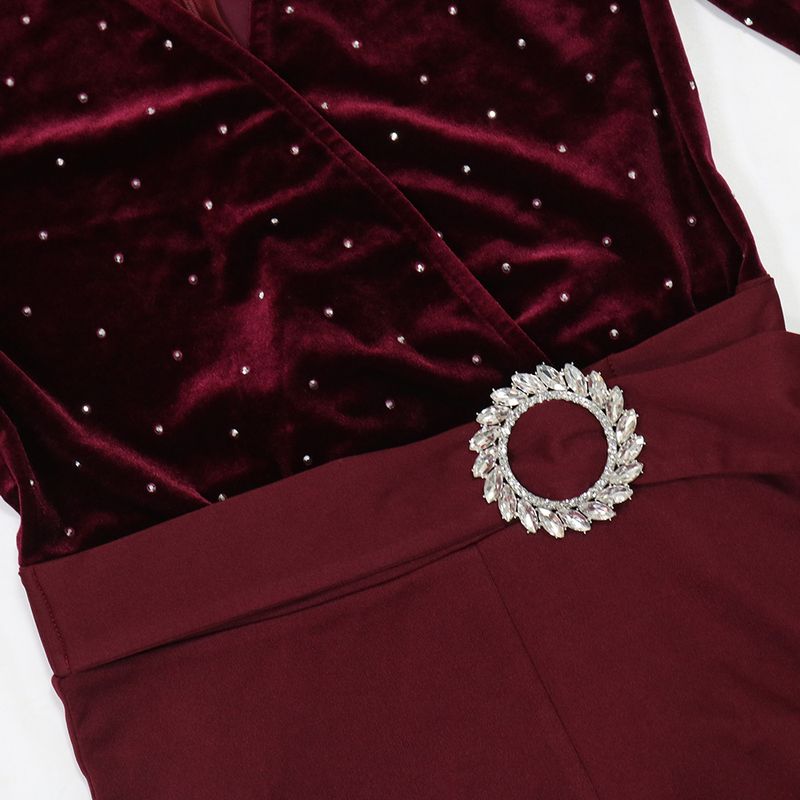 Women's Clothing CY901578 women's clothing sexy V neck long sleeved hot diamond jumpsuit slim wide leg pants_voghion.com