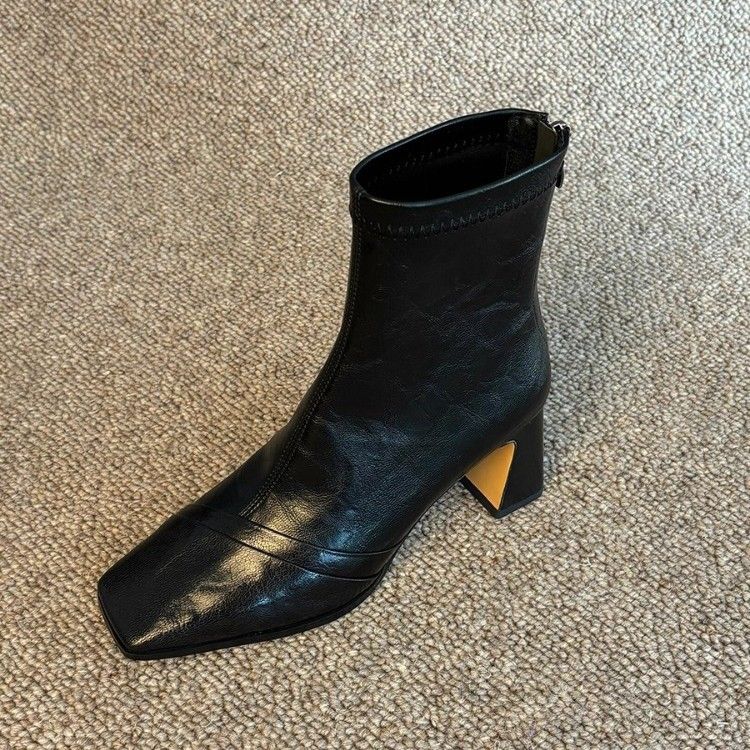 Lancui Edition~ Square Toe High Heel Elegant Versatile Height Increasing Slim For Women Genuine Leather British Style_voghion.com