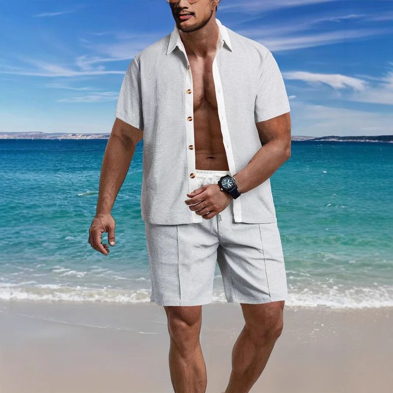 Ensemble 2 pièces pour homme, chemise à manches courtes et short à col décontracté, couleur unie, tendance, été 2025_voghion.com
