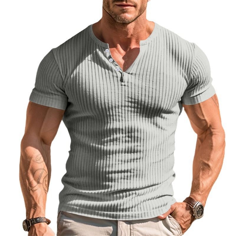 Unschlagbare Qualität Casual Sports Slim Fit Herren Kurzarm T-Shirt Neuer Strickpullover Einfarbiges Henley-Shirt mit amerikanischen Knöpfen_voghion.com