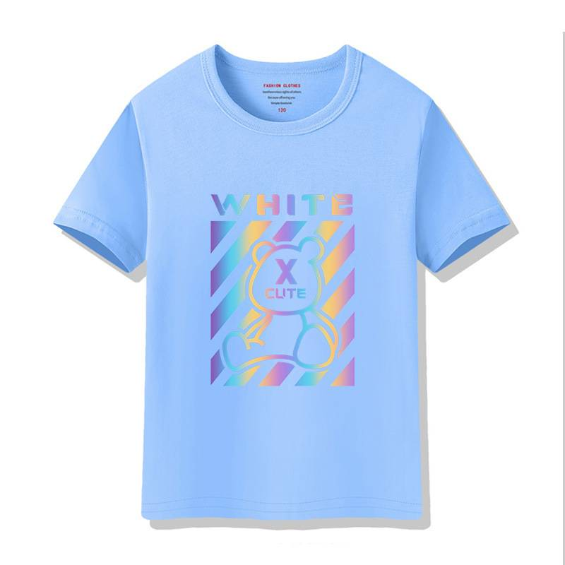 Παιδικά ρούχα για αγόρια κοντομάνικο μπλουζάκι 2024 νέο παιδικό καρτούν καλοκαιρινό αντανακλαστικό αρκουδάκι παιδικά ρούχα από καθαρό βαμβάκι εκτύπωση με στρογγυλή λαιμόκοψη_voghion.com