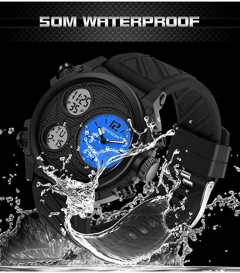 SANDA LED Digital Sport Watches 50m Waterproof Electronic Wristwatch Three Time Display Quartz Watch for Men Alarm Clock_voghion.com