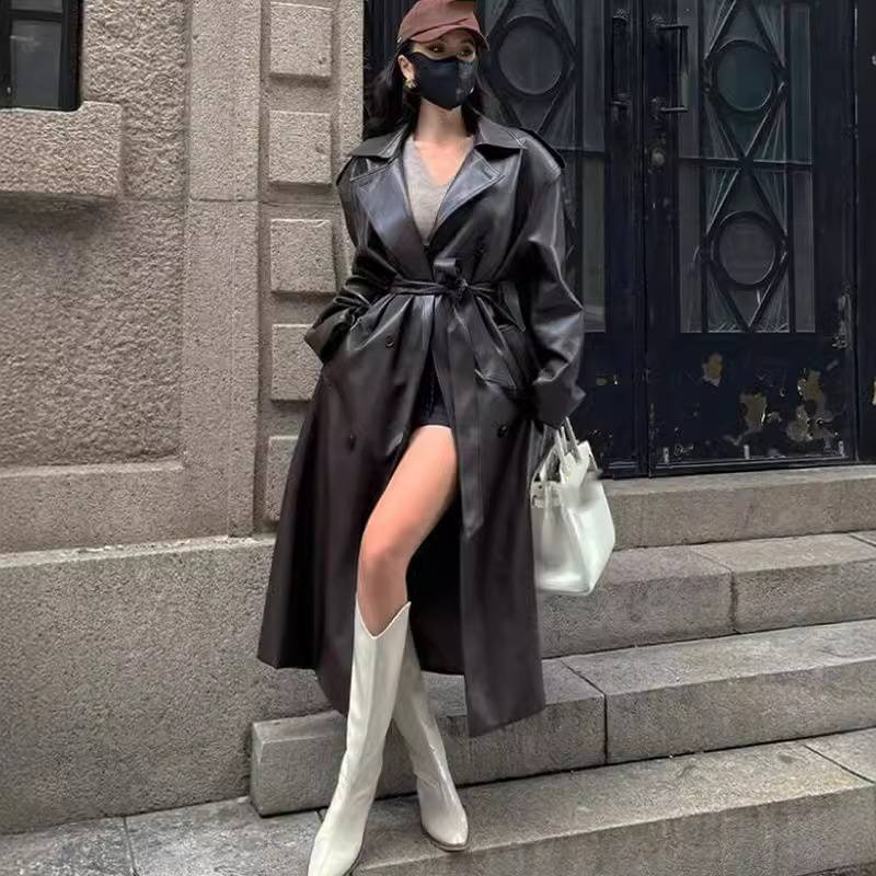 Abbigliamento da donna Giacca in pelle PU sopra il ginocchio di media lunghezza, stile retrò, marrone nero_voghion.com