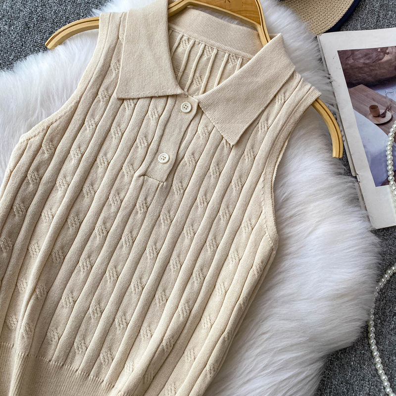 Women's Clothing Twisted POLO Collar Sleeveless Knitted Vest Slim Fit Two Button Casual Top_voghion.com
