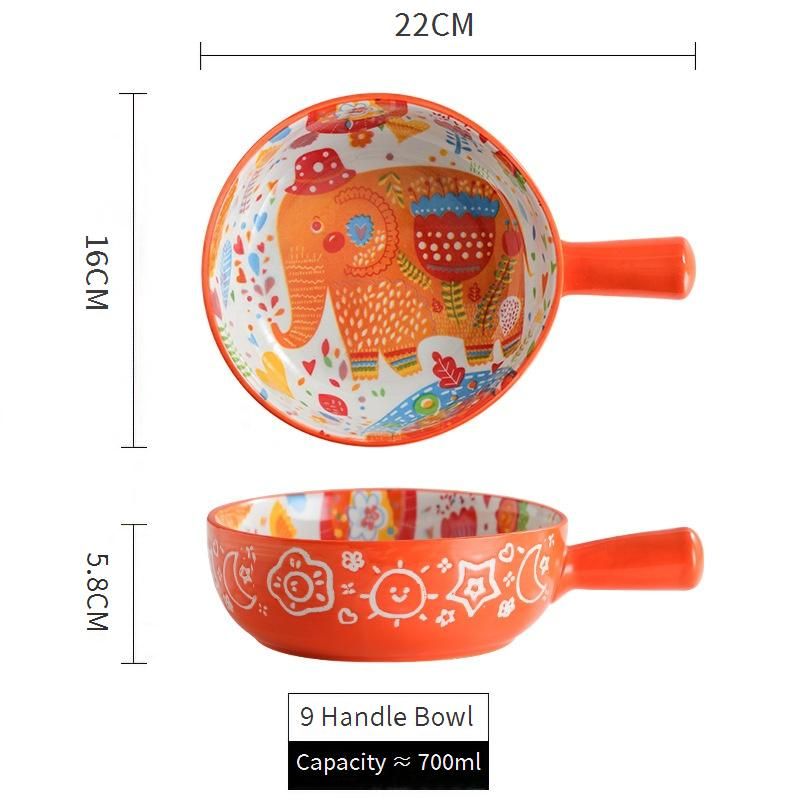 Ceramic Bowl With Handle - Cute Cartoon Design For Fruits Salad & Noodles Oven Safe_voghion.com