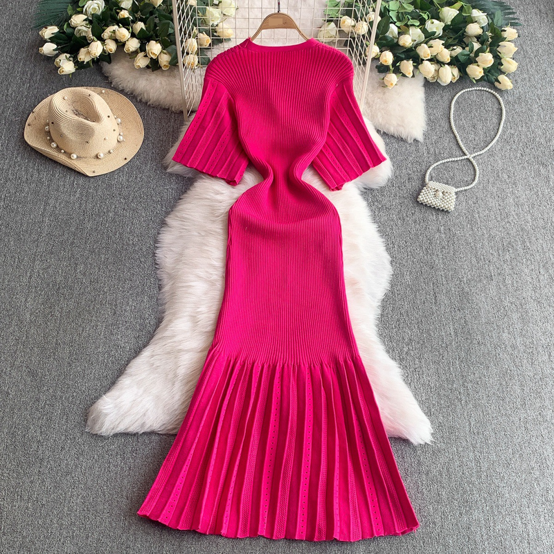 Women's Clothing Elegant V Neck Single Breasted Short Sleeved Dress Knitted Elastic Waist Hollow Fishtail Long Skirt_voghion.com
