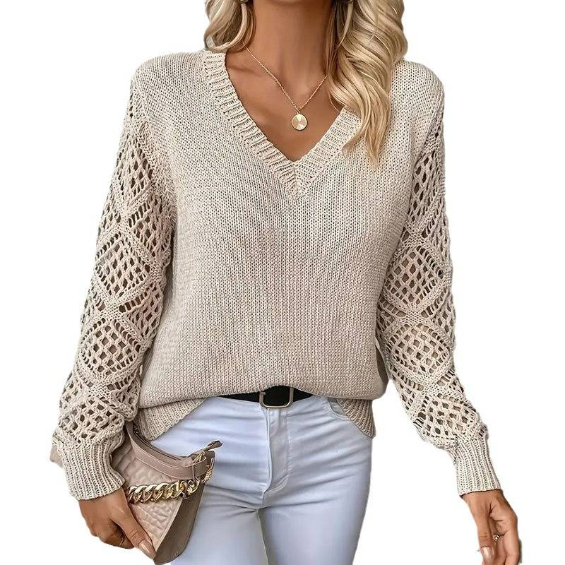 Zahmetsiz V Yakalı Kadın Dantel Örgü Üst - Nefes Alabilen Akrilik Kazak, Günlük ve Ofis Şıklığı, S/M/L/XL (Bej, Siyah, Krem)_voghion.com