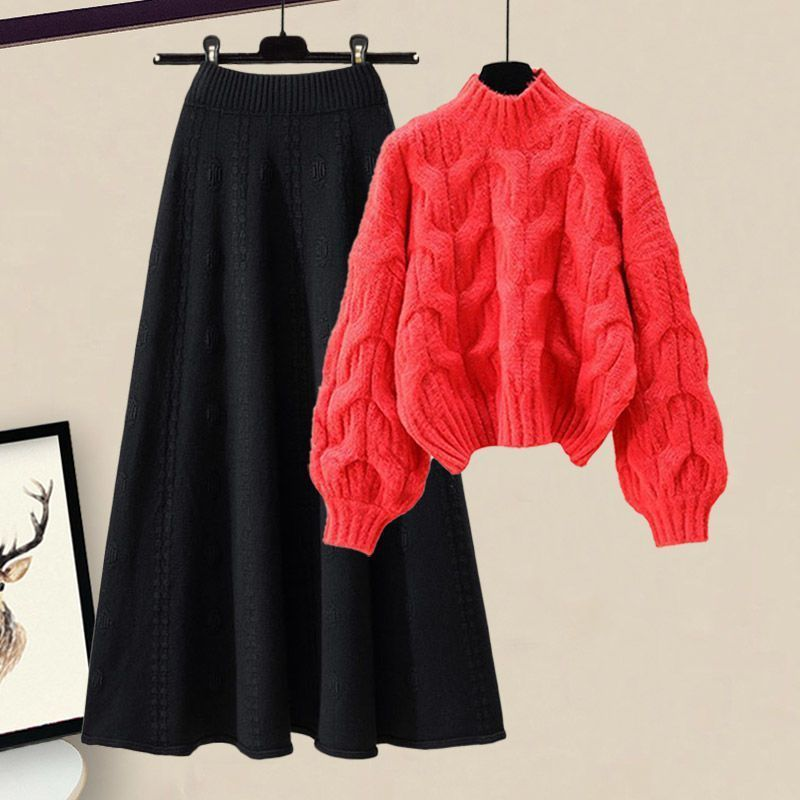 Completo da donna autunno inverno stile maglione spesso in maglia vestibilità comoda e gonna midi snellente in due pezzi_voghion.com