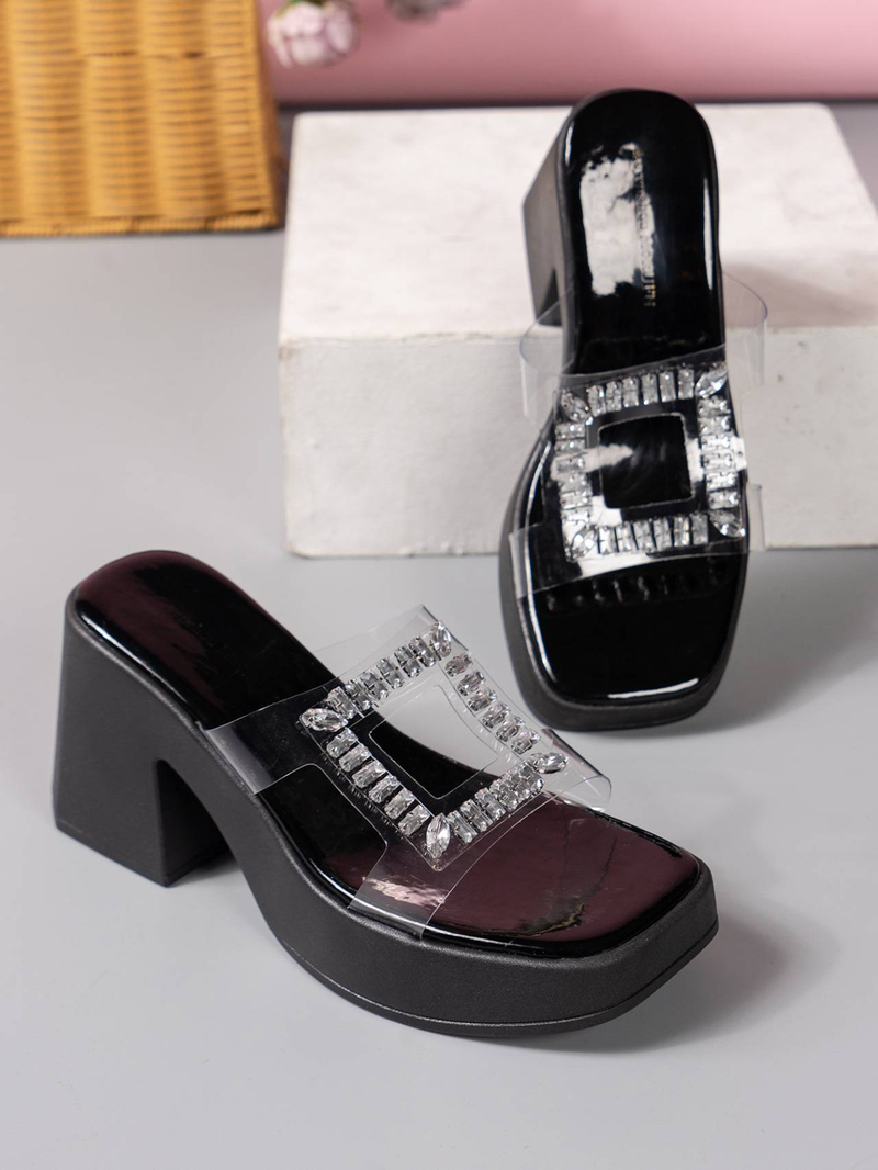 Women’s Shoes Platform Sandals – Rhinestone Square-Toe Slide Shoes (4 Colors & 7 Sizes)_voghion.com
