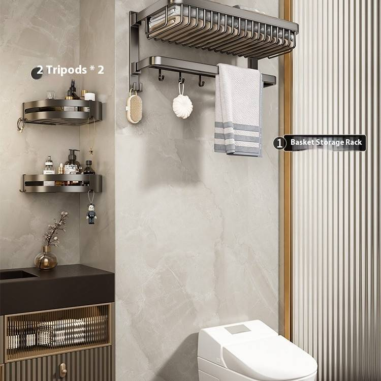 Badkamer handdoekrekset van gunmetal - ruimtebesparende opvouwbare plank met hoekmand en toiletborstelhouder - installatie zonder boren_voghion.com