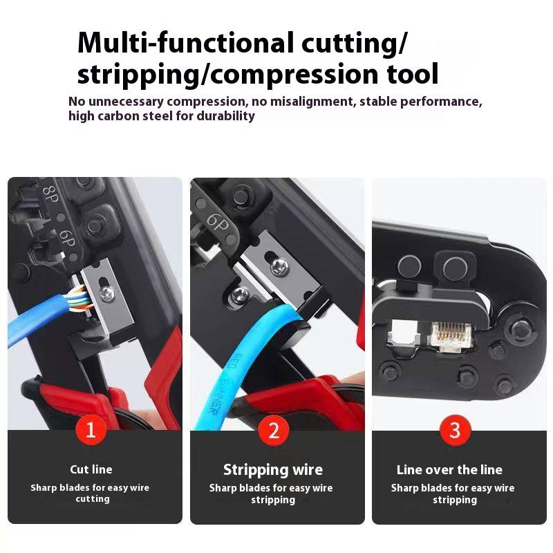 Crimpadora de trinquete profesional para RJ45/RJ11, ergonómica, de dos colores, con cuchillas de acero al carbono._voghion.com