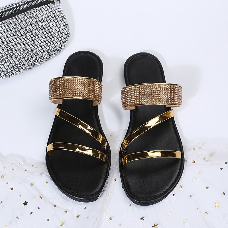 Women's Shoes Large Size Casual Slippers Summer New Round Head Rhinestone Flat Sandals_voghion.com