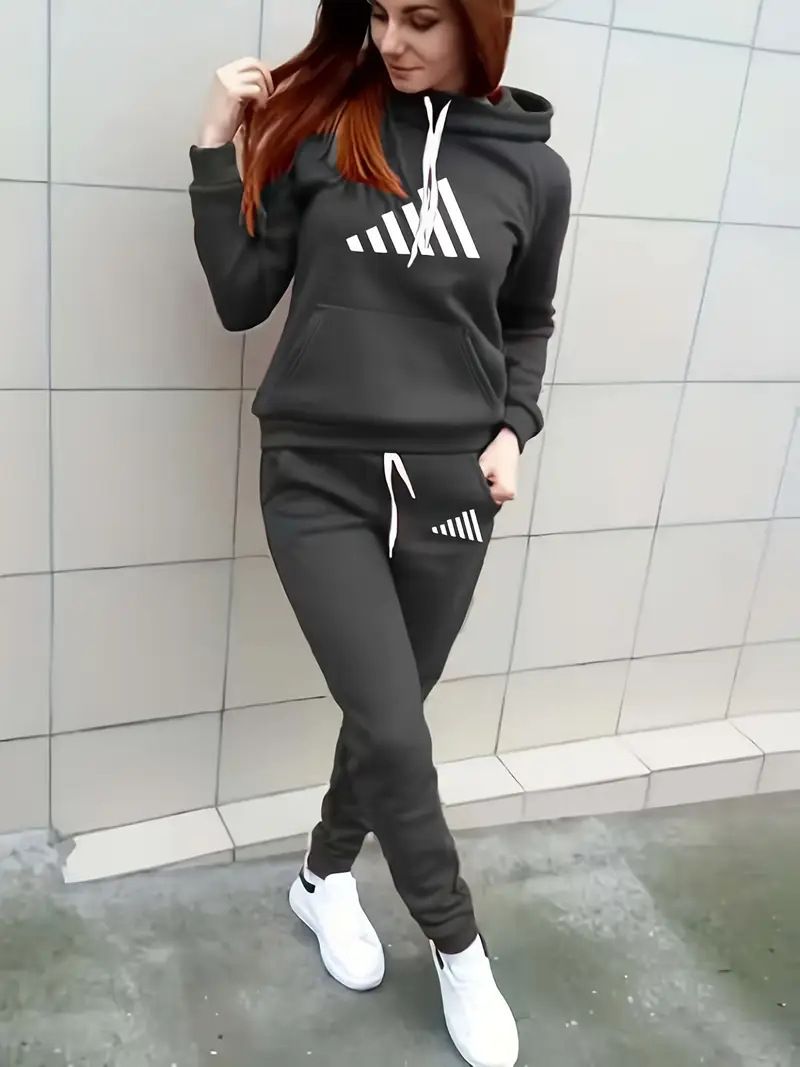 Women's Casual Hooded Sweatshirt & Jogger Pants Set - Stylish Winter Workout Outfit With Print Design_voghion.com